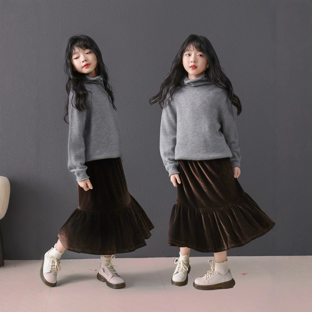 Falda de terciopelo negro café para niñas de dos colores otoño e invierno Nueva falda de estilo occidental para niños