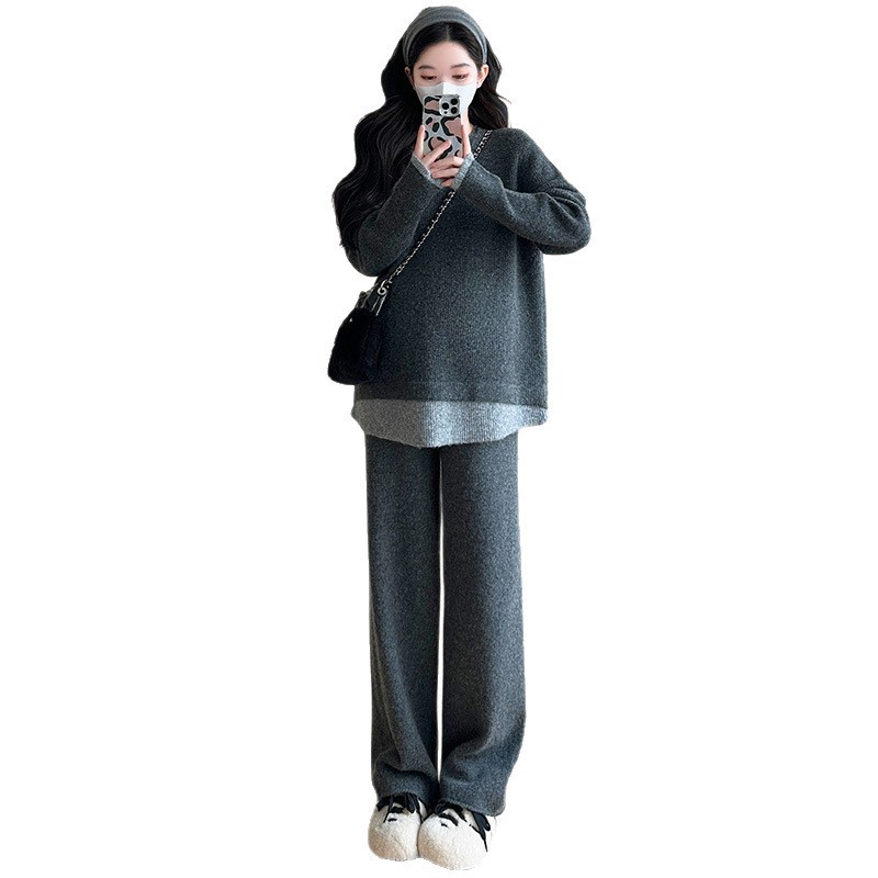 网红同款孕妇装2025秋冬新款简约高级感假两件针织上衣阔腿裤套装|undefined