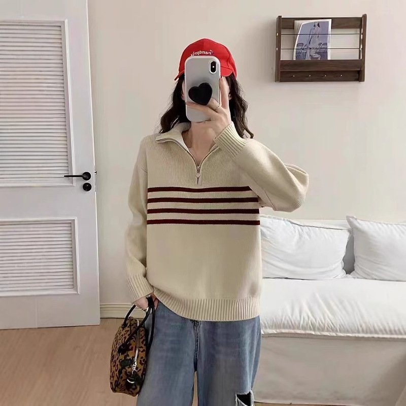 Half-Zip Striped Women's Sweater 2026 Early Autumn New Style Turn-Down Collar Long-Sleeve Knitwear Fashionable Versatile Cross-Border Women's Clothing Half-Zip Striped Women's Sweater 2026 Early Autumn New Style Turn-Down Collar Long-Sleeve Knitwear Fashionable Versatile Cross-Border Women's Clothing