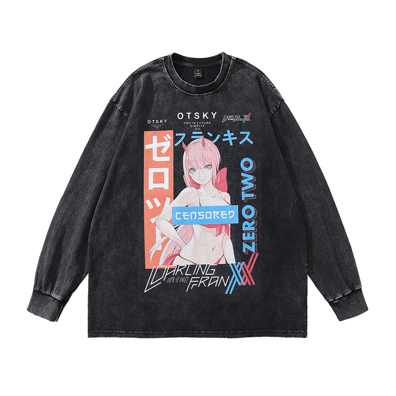 TKPA潮牌T恤原宿風卡通印花水洗寬鬆純棉青少年oversize長袖t恤男