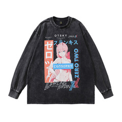 TKPA潮牌T恤原宿風卡通印花水洗寬鬆純棉青少年oversize長袖t恤男