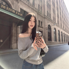 MULVAN 斜肩上衣女长袖宽松显瘦慵懒风高级感气质修身两穿露肩T恤