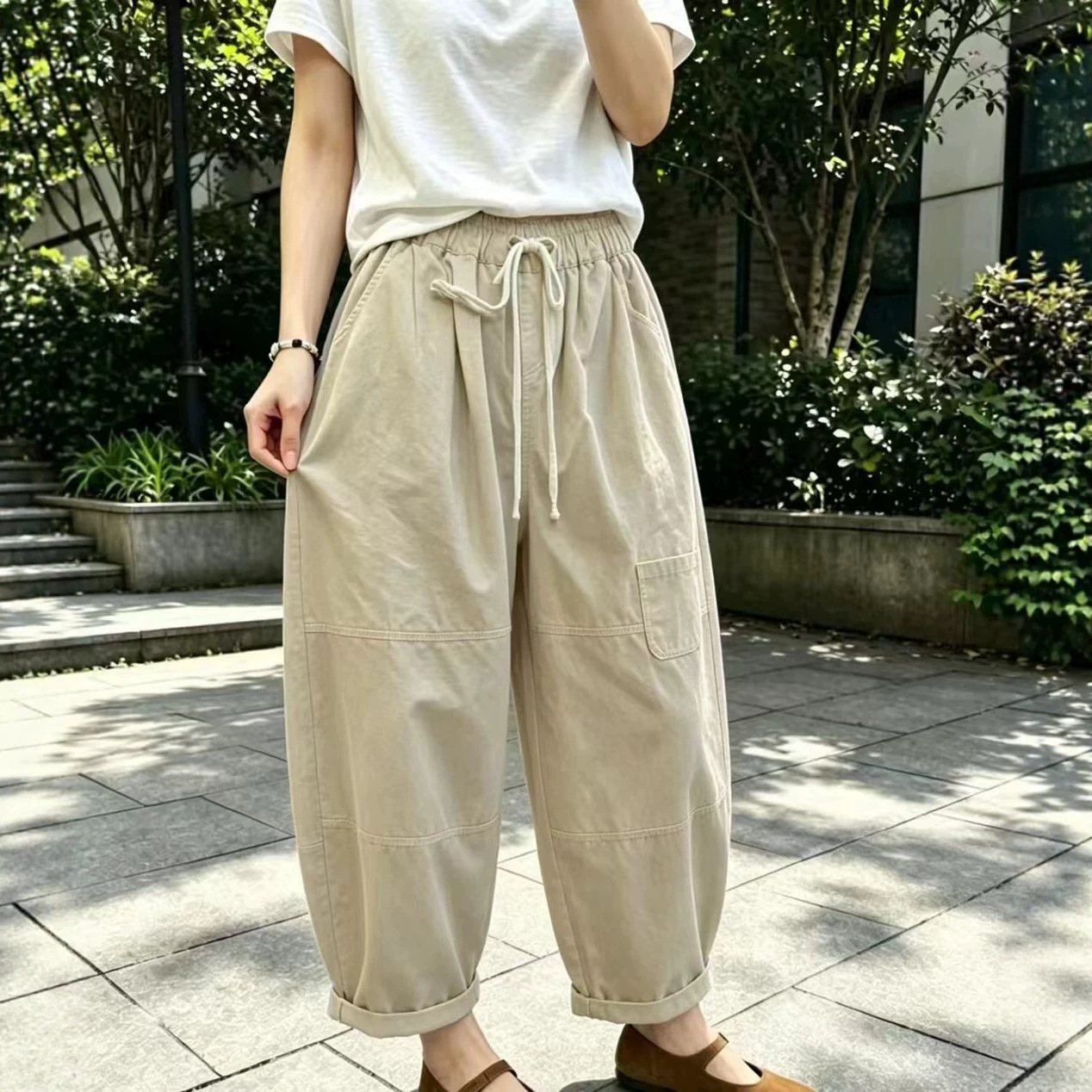 2026夏新款 韩版宽松工装阔腿裤女松紧腰抽绳九分彩棉休闲裤 1161
