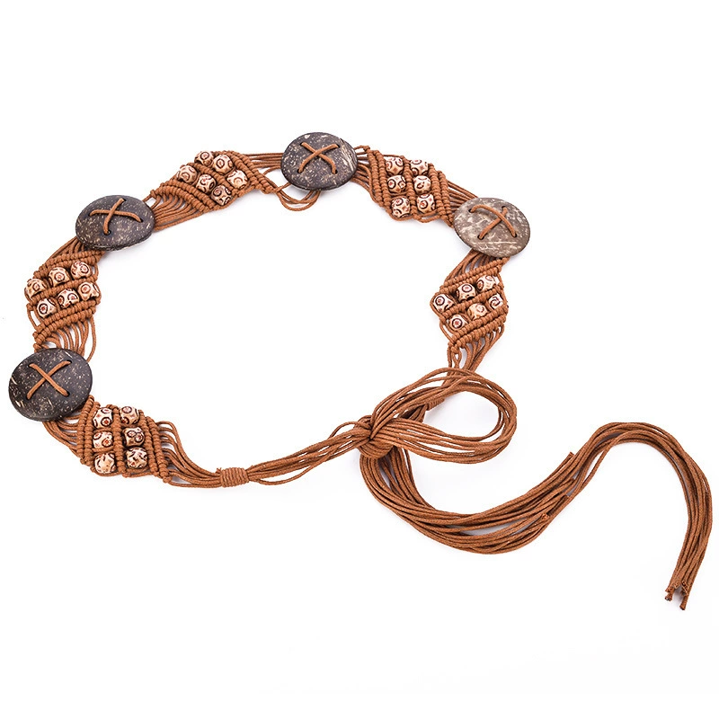 Ethnic retro trend belt, woven waist rope with tassels, trousers, ethnic style