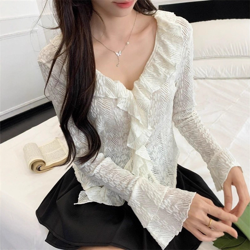 Plus Size Fat mm French Ruffled Lace Fashionable Autumn and Winter Inner Design Niche Chic Long-Sleeved Women's Tops