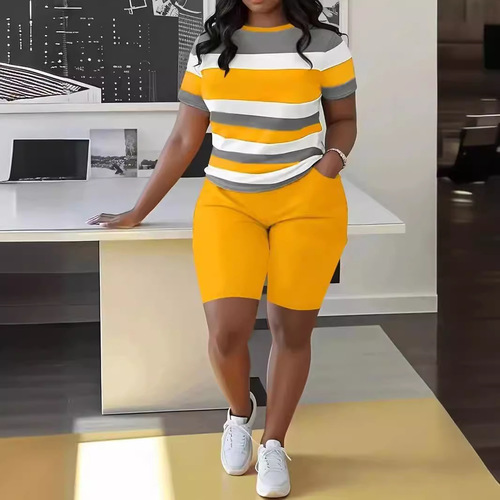 US/UK Large Women's T-Shirt Set Striped Hooded Short-Sleeve Letter 3D Print Shorts Set