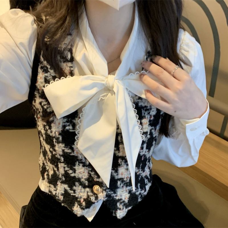 Xiaoxiang 千鳥格子ベスト女性の秋と冬の新しいレイヤードノースリーブカーディガントップショートスカートスーツ|undefined