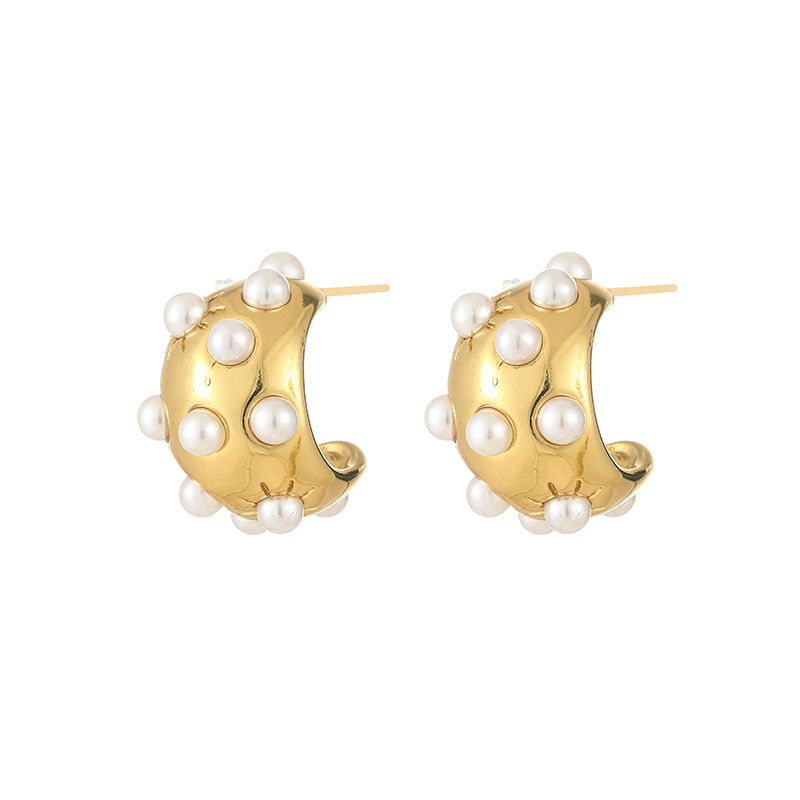 1 Pair Vintage Style U Shape Inlay Titanium Steel Pearl Earrings display picture 11