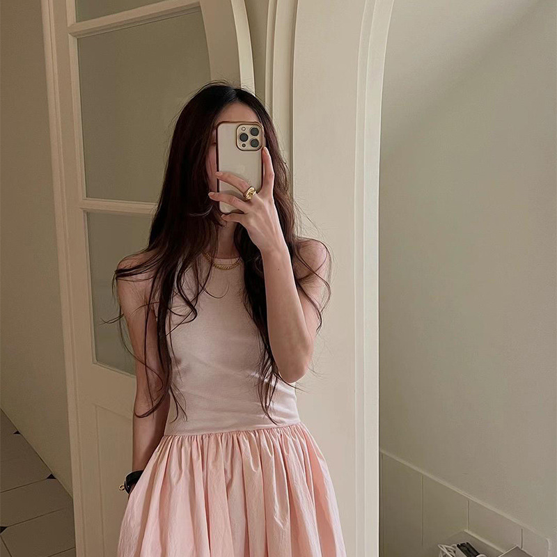 in stock cotton waist slim sleeveless dress summer women's solid color design French A- line skirt the pl * n in stock cotton waist slim sleeveless dress summer women's solid color design French A- line skirt the pl * n