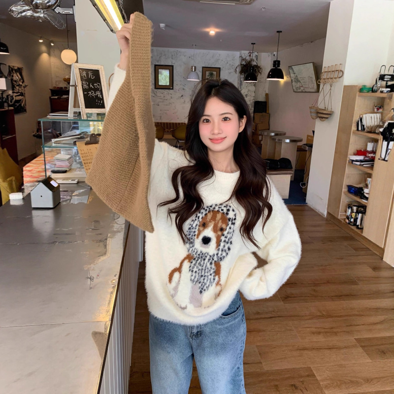Where's the Orange Tree Korean Puppy Print Knitwear for Women in Autumn and Winter, Lazy, Soft and Waxy, Loose and Slimming Look Knitwear for Men