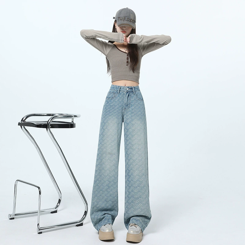 Jeans, spring fitted trousers, high waist, loose straight fit