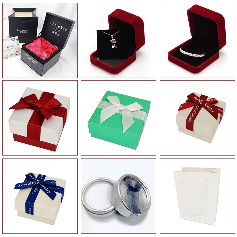 玫瑰花首饰吊坠项链盒手链礼盒戒指盒耳钉盒证书擦银布一件代发