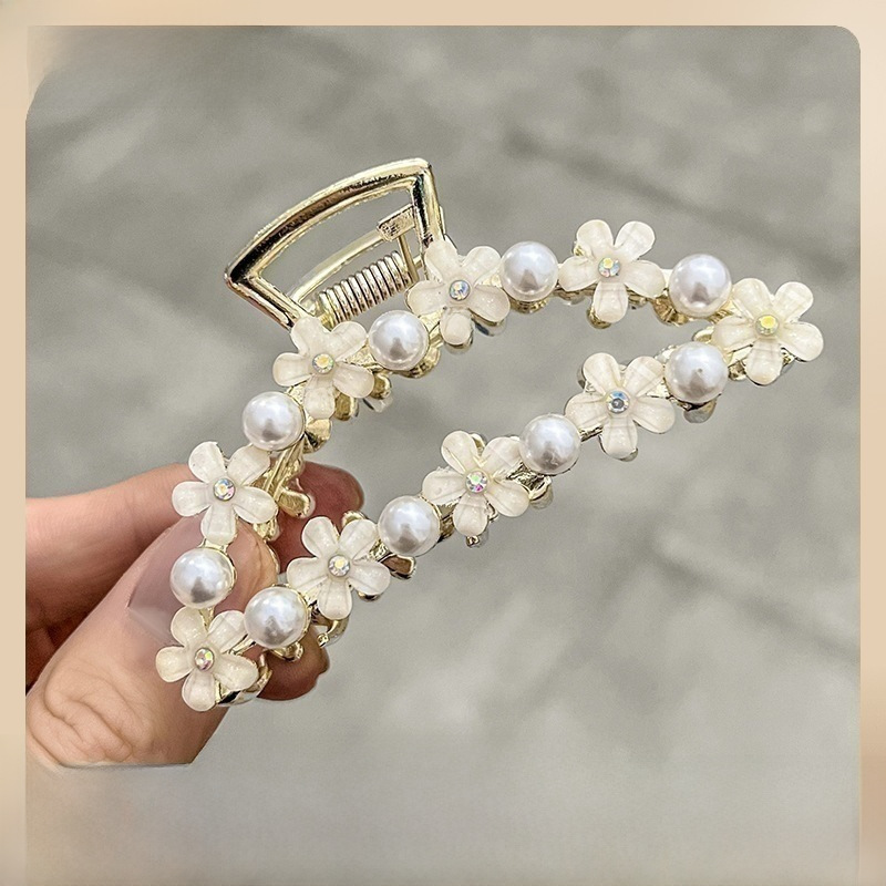 2022 New Flower Medium Grab Clip French Elegant Elegant Hair Clip Net Red Pearl Glaze Metal Hair Grab_voghion.com