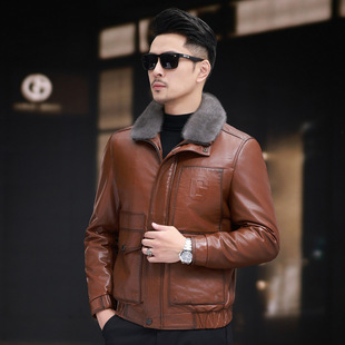 Haining New Detachable Mink Fur Collar Liner Stand Lapel Head Layer Oil Wax Cowhide Genuine Leather Men's Coat