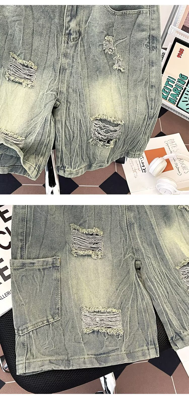 Men's Trendy Distressed Denim Shorts Summer Loose Fitting Washed Five Quarter Length Pants Street Style Trousers_mkmklike.com