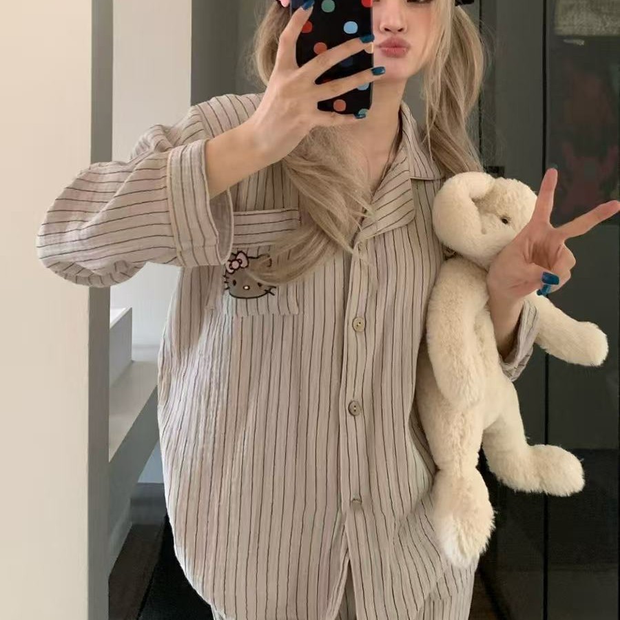 云朵棉纱感超柔软睡衣女春秋季长袖长裤套装可爱少女家居服可外穿