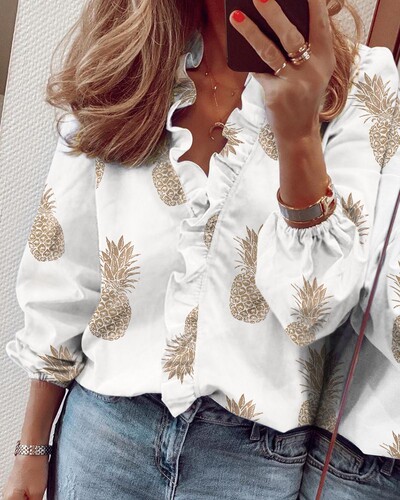  Amazon Wish AliExpress eBay Spring and Summer New European and American Long-sleeved Ruffled Blouse Women's Shirt 