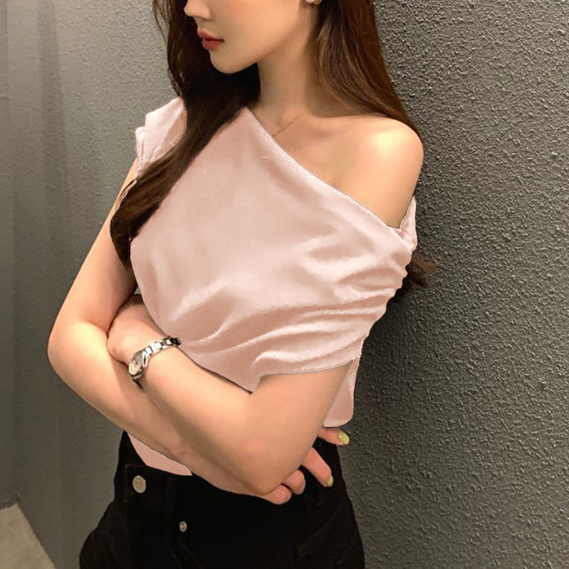 Summer New Niche Irregular Slanted Shoulder Design Loose Solid Color Pullover Short-sleeved T-shirt_ecoleips.com