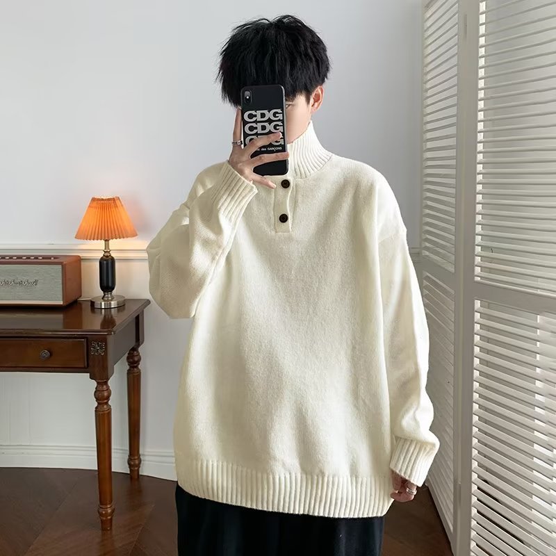 Otoño retro japonés simple hombre solapa botón base color sólido todo-fósforo suéter de punto polo suéter marea