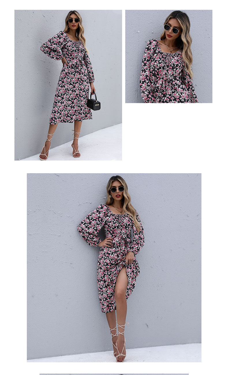 women s long-sleeved floral square neck pleated lace dress nihaostyles clothing wholesale NSDMB73693