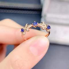 新款仿真天然斯里蘭卡藍石戒指女 簡約精緻排戒女 清新時尚日韓系