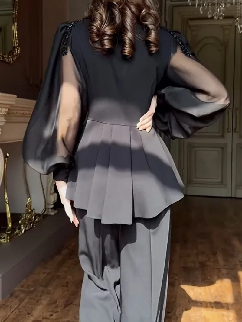 ​​Luxury Rhinestone Jumpsuit – Spring/Summer Elegant One-Piece Pantsuit With Puff Sleeves & High Waist For Women (Black)​​_ecoleips.com