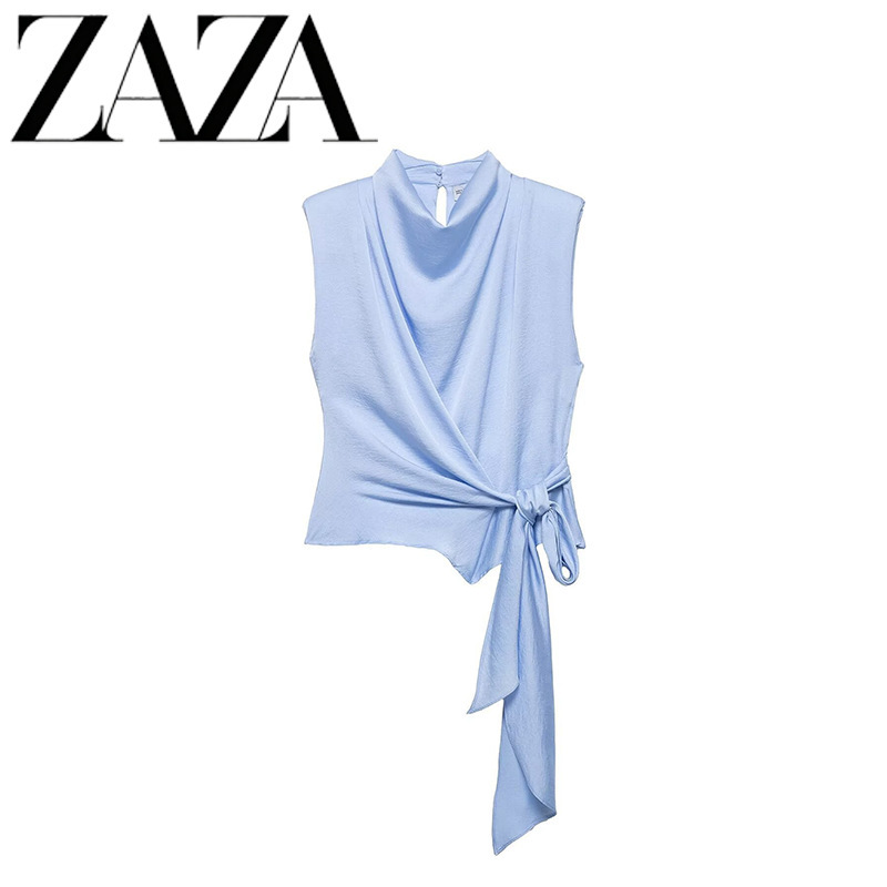 Zaza Self-Made European and American Style Wholesale Women's Fashion Versatile Cross-Border Silk Satin Texture Padded Shoulder Bow T-Shirt