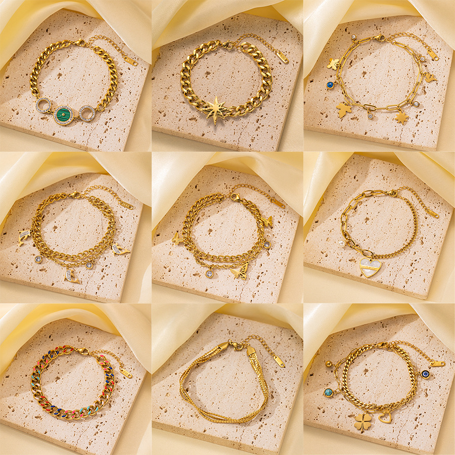 25g Weight 0.03µm-0.05µm Gold Plating Thickness PVD Coated Gold Plating Process 18K Real Gold Plated Plating Material 304 Stainless Steel Pendant Material Zircon Inlay Material Bracelets Classification 304 Stainless Steel Chain Material Cuban Link Chain Curb Chain, box chain, Twisted Rope Chain, snake chain, figaro chain Chain Type 1 Piece Quantity Daily Occasion 304 Stainless Steel Material Eye, Flower, Butterfly Pattern Women's Gender Casual, Simple Style Style Enamel, Inlay Craft Casual Simple Style Eye Flower Butterfly Titanium Steel Zircon Bracelets In Bulk 无