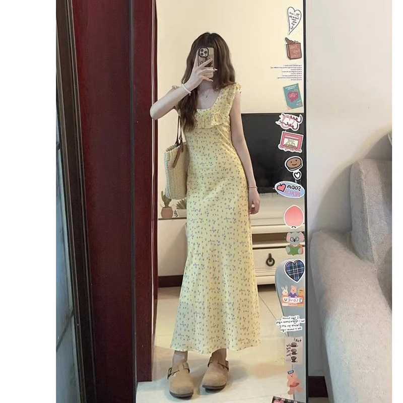 french sweet blue polka dots dress children‘s summer 2025 new temperament waist-controlled flying sleeve fishtail dress