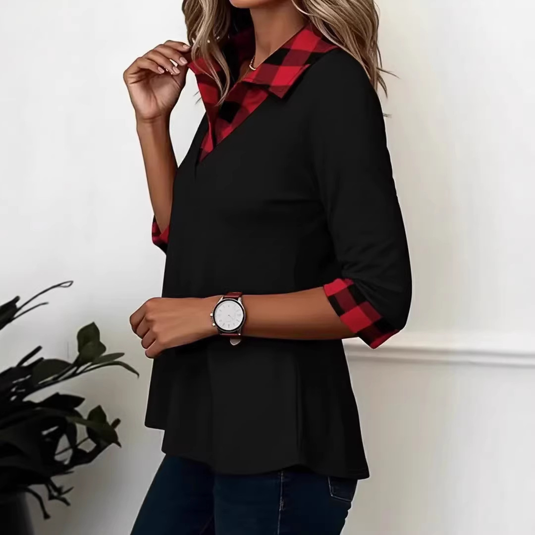 Contrast Panel Casual V-Neck Tunic Top For Women - Modern Spliced Tee With 3/4 Sleeves For Street Style_ecoleips.com