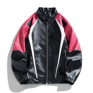 Cross-border plus size trend color matching fashion coat stand collar casual foreign trade spring and autumn new loose men's leather motorcycle jacket
