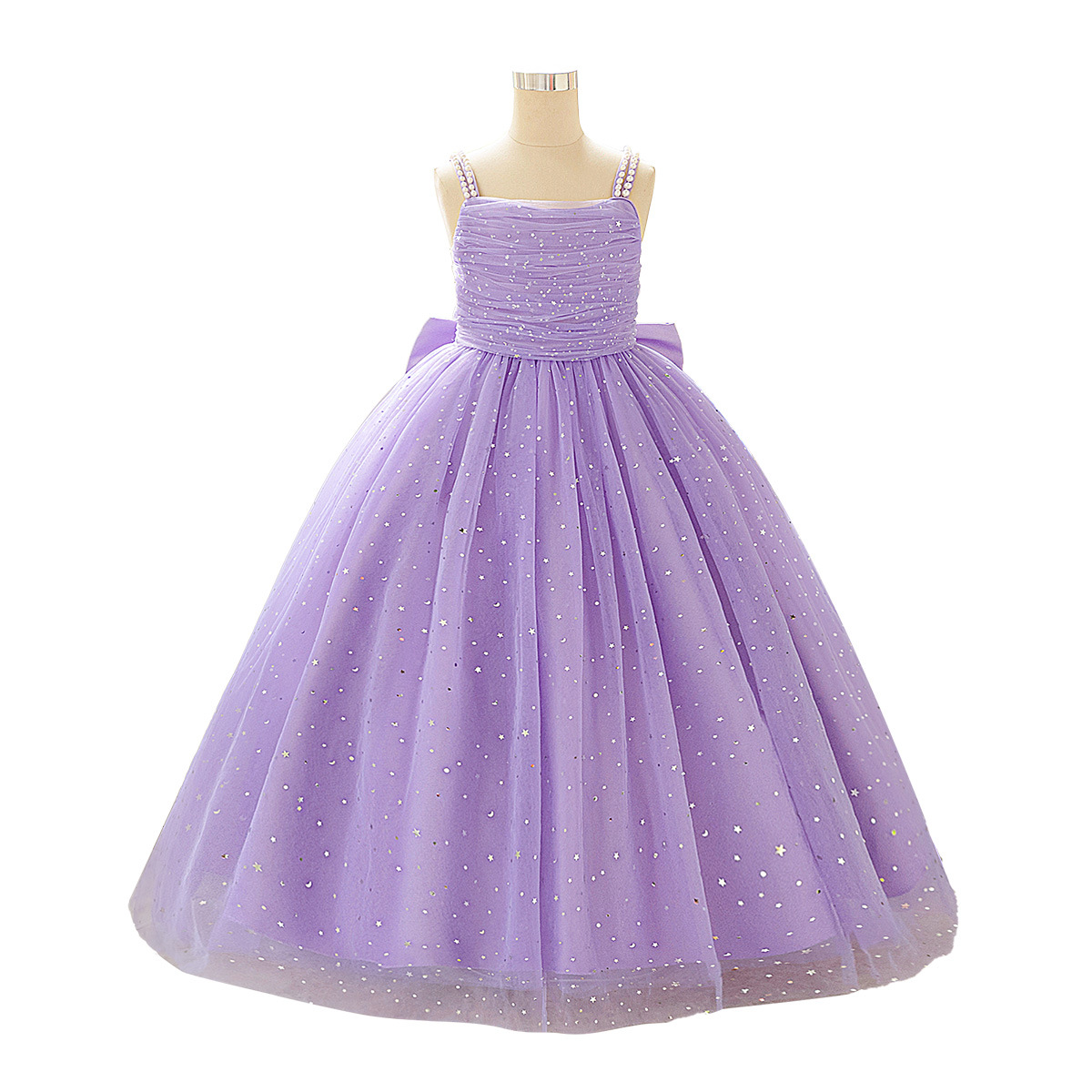 Vestido de niñas perlas esbellas esbellas de acero vestido de princesa gran arco vestido de niños vestido largo piano