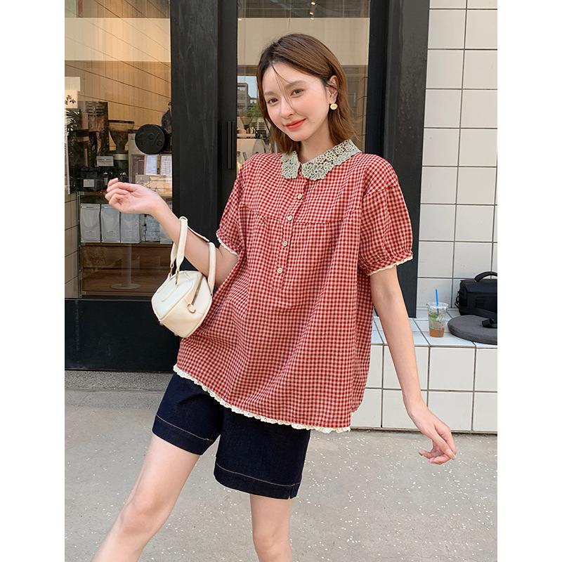 Rongtai Cotton Retro Plaid Short-Sleeved Shirt Top Women's Loose Large Size Casual Age-Reducing Lace Collar Shirt
