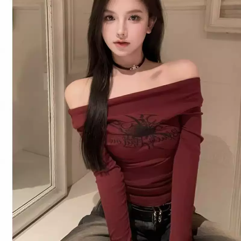 y2k辣妹一字肩长袖t恤女早秋甜辣风修身显瘦打底衫短款小上衣跨境