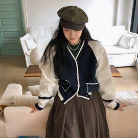 韩国chic秋季复古慵懒风V领单排扣撞色口袋宽松百搭针织衫外套女