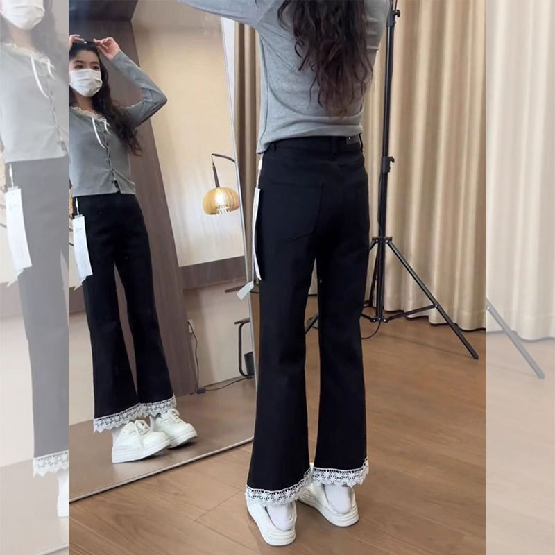 大码蕾丝拼接微喇牛仔裤女2025年秋季设计感胖mm遮肉小个子九分裤|undefined