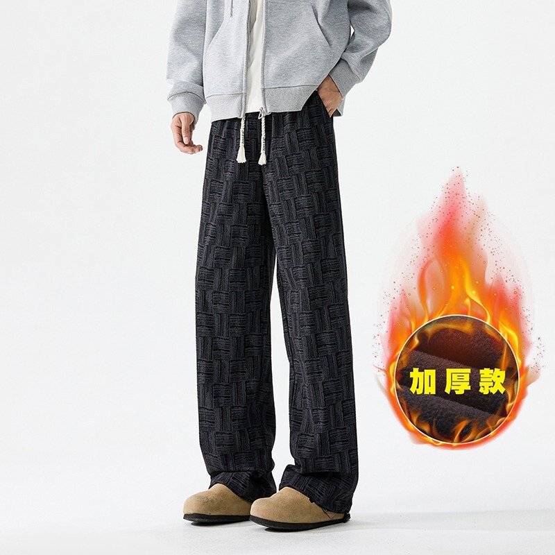 fleece-lined Men's Loose Straight Trendy Brand Casual Pants 2024 New High Street All-match Plaid Dirty Pants