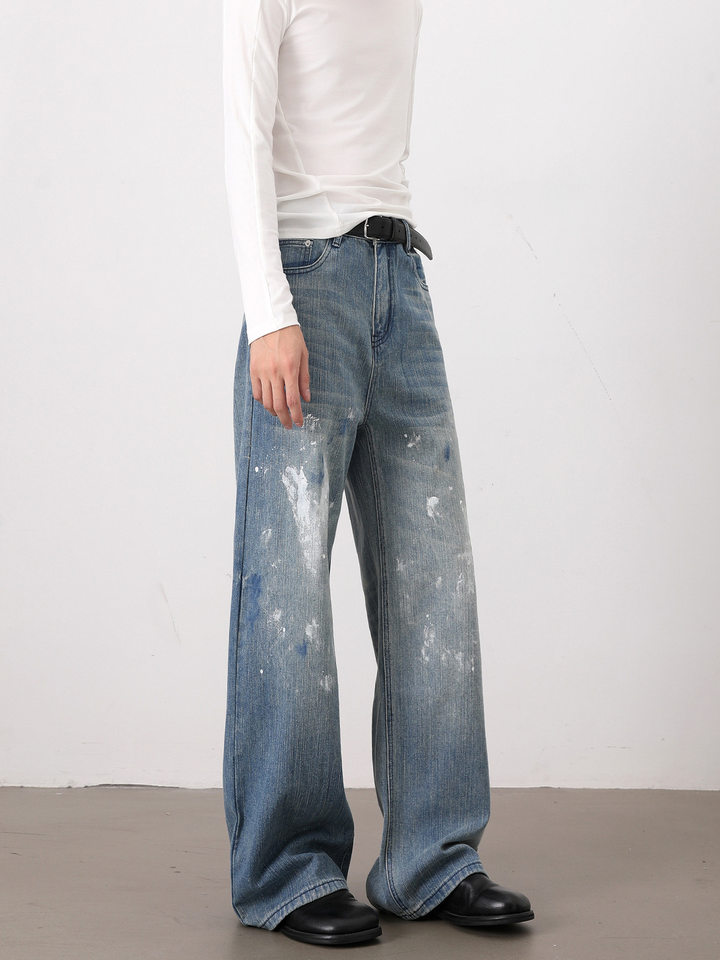 Quần jeans nam ống rộng dáng thẳng phong cách Hàn Quốc, họa tiết vẽ tay độc đáo — Màu xanh dương
