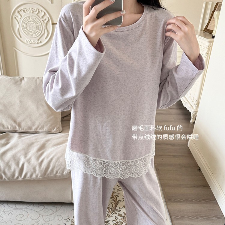 3726蕾丝圆领磨毛睡衣套装秋冬新款莱赛尔宽松柔软家居服二件套女|undefined