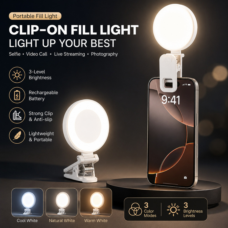 Mobile Phone Camera Fill Light Portable Live Streaming Selfie Shooting Clip-On Phone Light Rechargeable Pocket Light