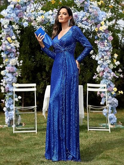 Elegantes Langarm Pailletten Abendkleid Für Damen Einfarbig_voghion.com