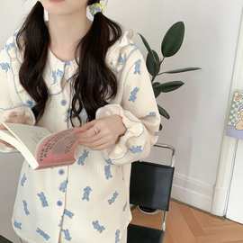 卡通兔子荷叶边娃娃领可爱少女夹棉睡衣秋冬新款家居服套装可外穿