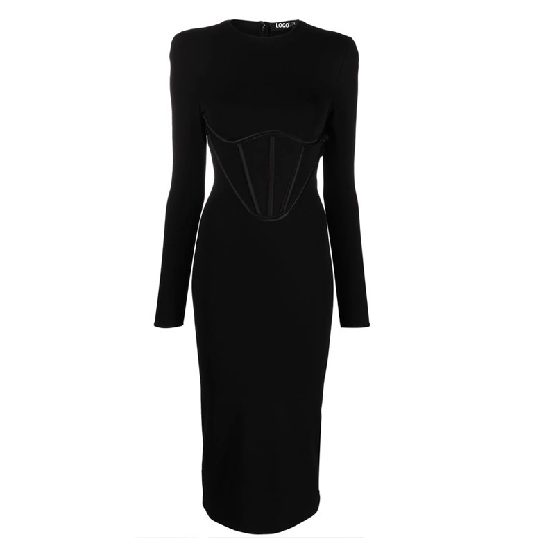 Muller high-end women's clothing wholesale women's black long-sleeved evening dress corset mid-length dress