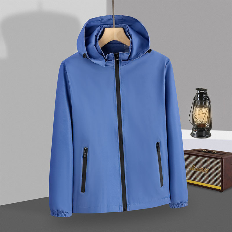 Primavera y otoño collar de pie con capucha chaqueta de una sola capa a prueba de viento impermeable ropa de trabajo al aire libre logotipo personalizado Grupo chaqueta de hombres y mujeres