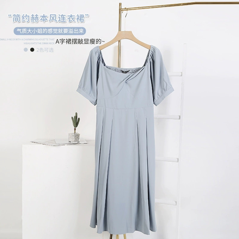 Лето Новый плюс Размер женщин 200кг пухлые девушки простой Хепберн ветер высокой талией платье 210071