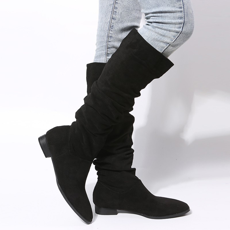 Damenschuhe Große Größe Mittellange Damen Lederstiefel Herbst und Winter Neue flache Sohle Spitzschuh Mode_voghion.com