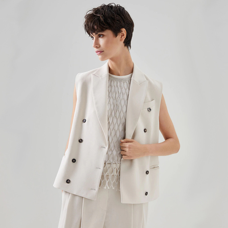 Yijian2025 Winter New Shiny Beaded Chain Double-Breasted Suit Collar European and American Fashion Versatile Women's Vest