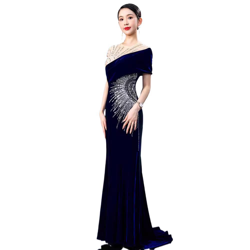Women's Velvet Evening Party Dress Elegant Grand Annual Meeting Hostess Light Luxury Red Niche Style New_ecoleips.com