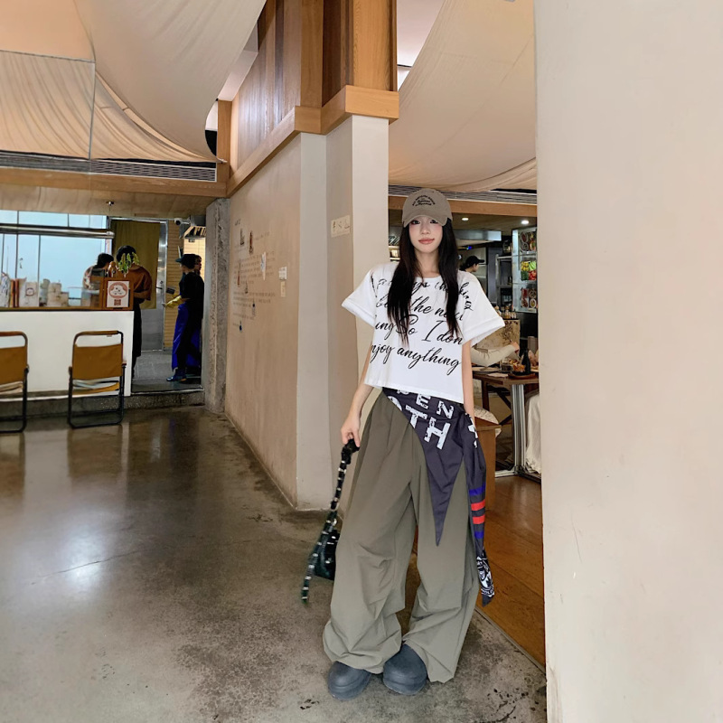 厂家直销咖绿色绑带叠穿松紧休闲裤夏季美式复古宽松阔腿裤长裤子|undefined