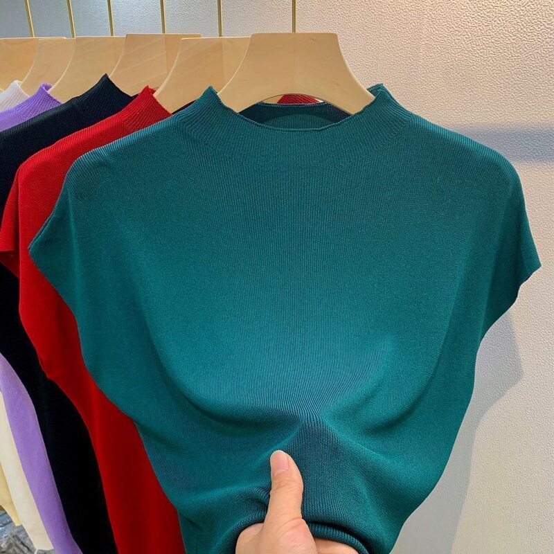 Ice Silk Short-Sleeved T-Shirt for Women 2026 Summer New Style Stylish Slim-Fitting Short Half-Turtleneck Knitwear Sleeveless Top